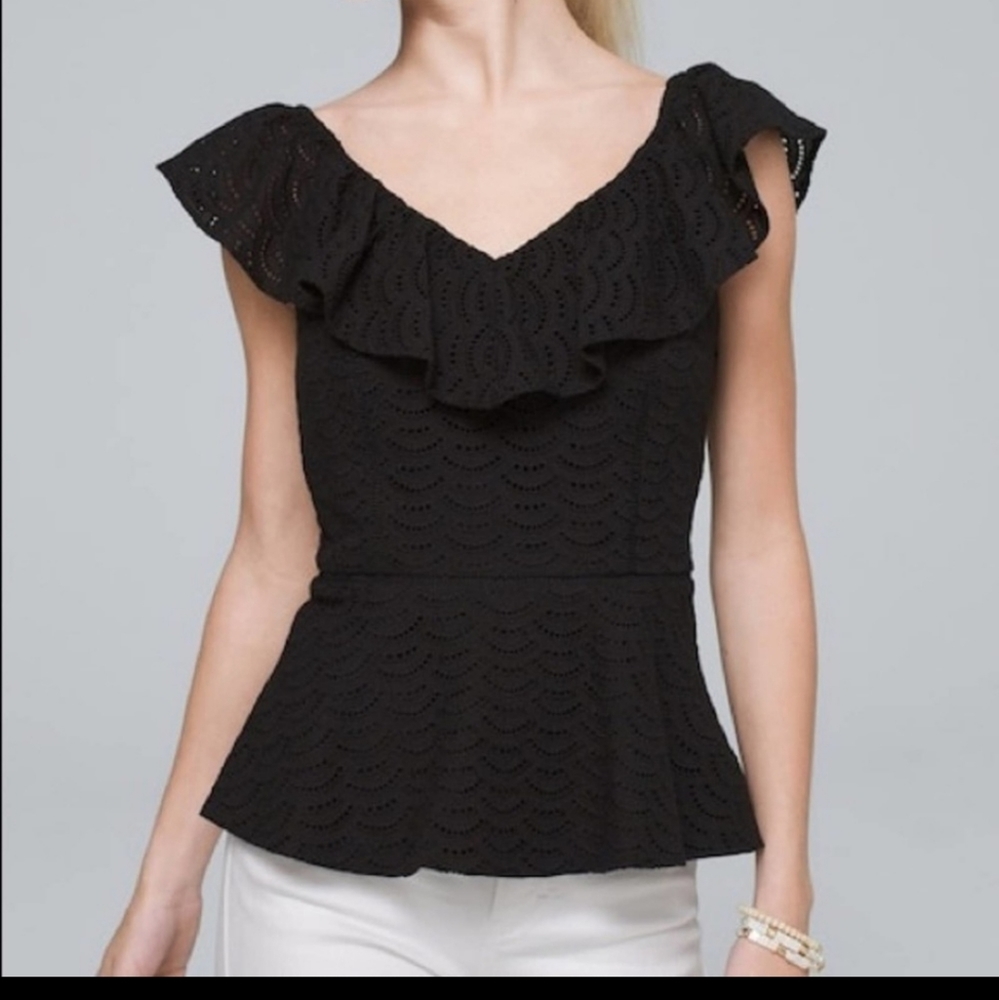 SZ 10 BLACK EYELIT PEPLUM TOP.